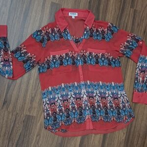 Express Red Floral Print Button-Up Blouse
